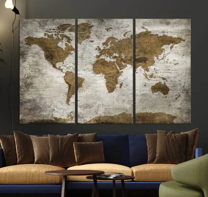 The elegant Old Style World Map Wall Art Canvas Print, presented as a stunning triptych, enhances the living room's ambiance. Crafted on museum-quality canvas and protected by a UV coating, it's ready to hang and stands as a captivating piece in the room.