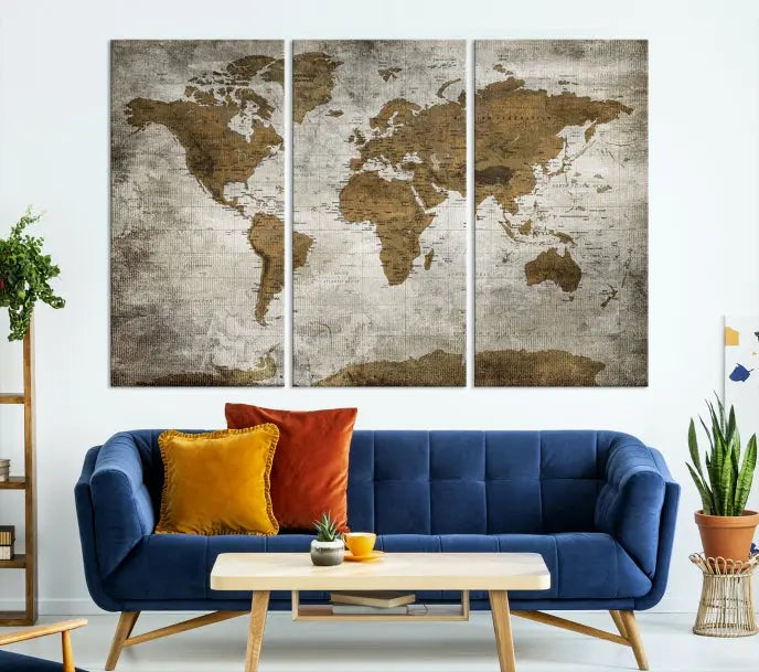 The elegant Old Style World Map Wall Art Canvas Print, presented as a stunning triptych, enhances the living room's ambiance. Crafted on museum-quality canvas and protected by a UV coating, it's ready to hang and stands as a captivating piece in the room.