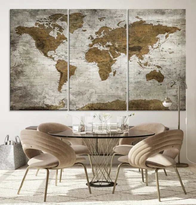 The elegant Old Style World Map Wall Art Canvas Print, presented as a stunning triptych, enhances the living room's ambiance. Crafted on museum-quality canvas and protected by a UV coating, it's ready to hang and stands as a captivating piece in the room.