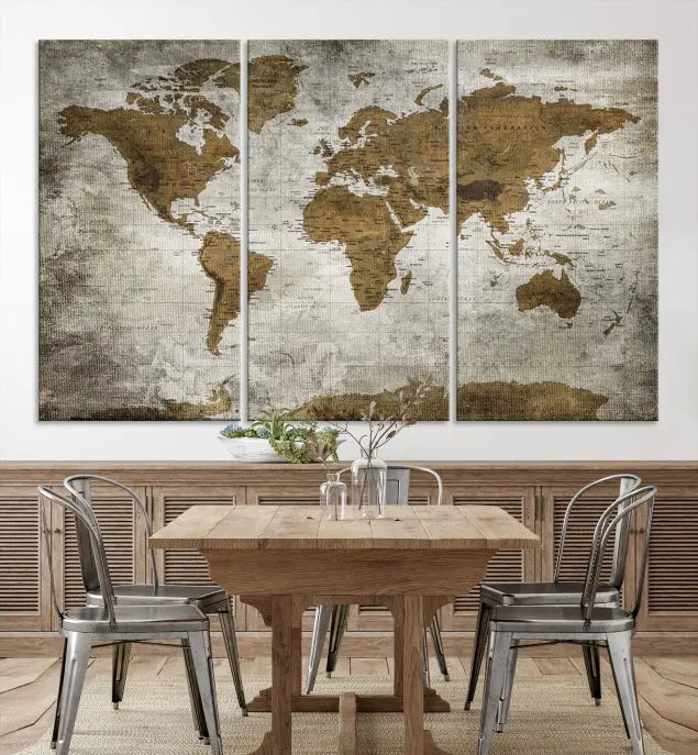 The elegant Old Style World Map Wall Art Canvas Print, presented as a stunning triptych, enhances the living room's ambiance. Crafted on museum-quality canvas and protected by a UV coating, it's ready to hang and stands as a captivating piece in the room.