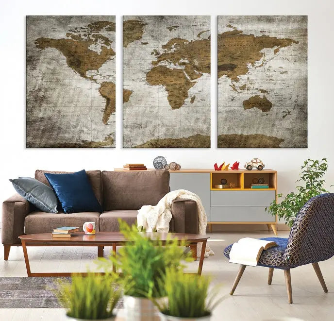 The elegant Old Style World Map Wall Art Canvas Print, presented as a stunning triptych, enhances the living room's ambiance. Crafted on museum-quality canvas and protected by a UV coating, it's ready to hang and stands as a captivating piece in the room.