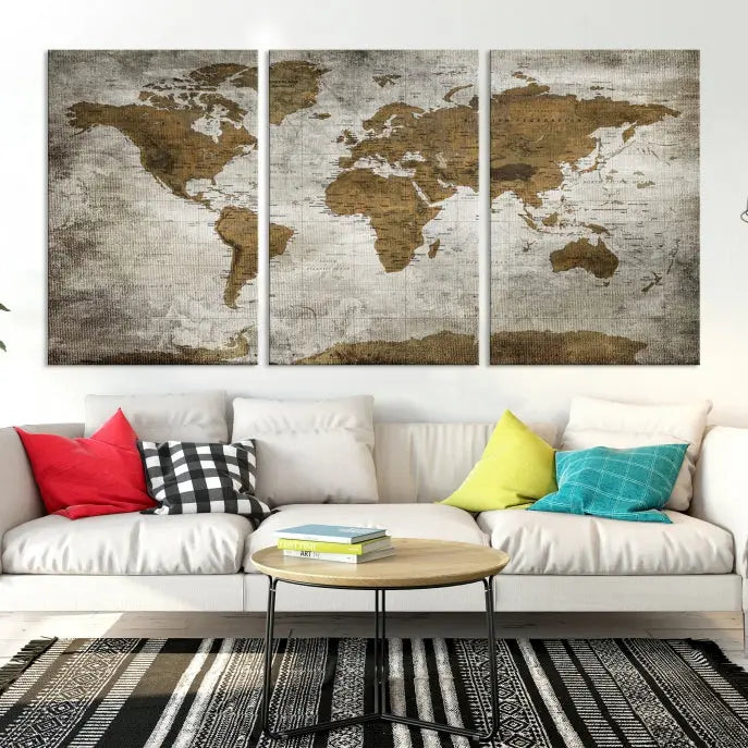 The elegant Old Style World Map Wall Art Canvas Print, presented as a stunning triptych, enhances the living room's ambiance. Crafted on museum-quality canvas and protected by a UV coating, it's ready to hang and stands as a captivating piece in the room.