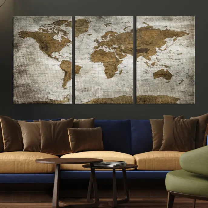 The elegant Old Style World Map Wall Art Canvas Print, presented as a stunning triptych, enhances the living room's ambiance. Crafted on museum-quality canvas and protected by a UV coating, it's ready to hang and stands as a captivating piece in the room.