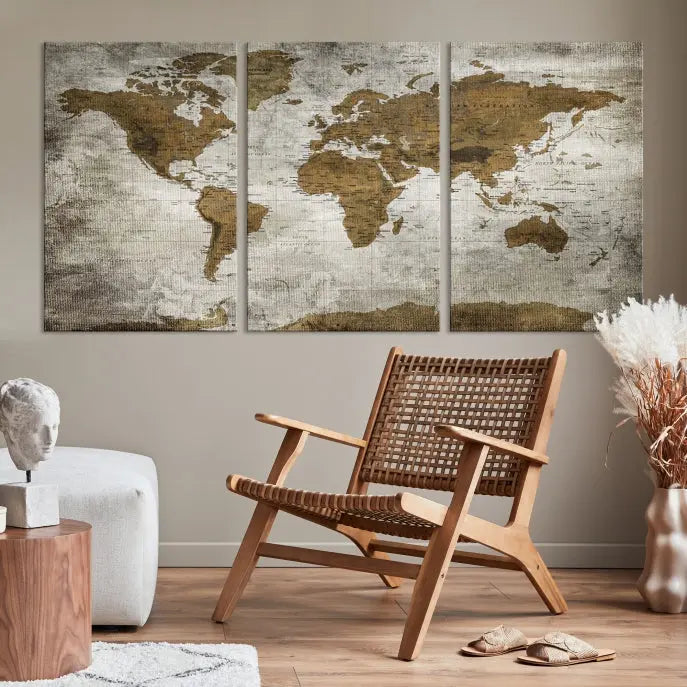 The elegant Old Style World Map Wall Art Canvas Print, presented as a stunning triptych, enhances the living room's ambiance. Crafted on museum-quality canvas and protected by a UV coating, it's ready to hang and stands as a captivating piece in the room.