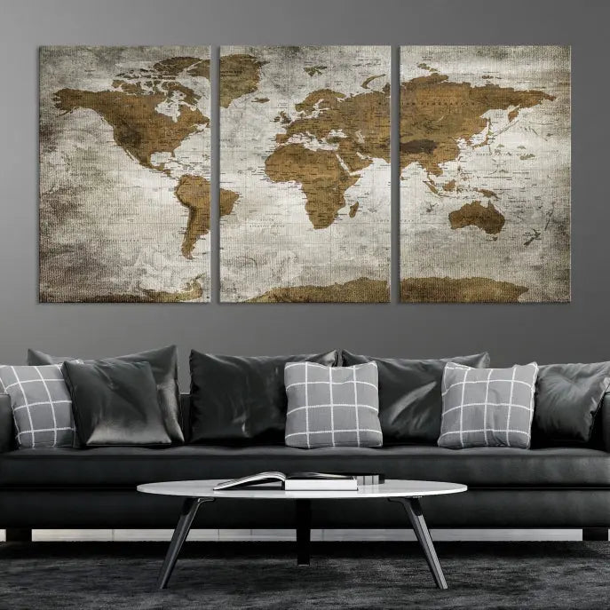 The elegant Old Style World Map Wall Art Canvas Print, presented as a stunning triptych, enhances the living room's ambiance. Crafted on museum-quality canvas and protected by a UV coating, it's ready to hang and stands as a captivating piece in the room.