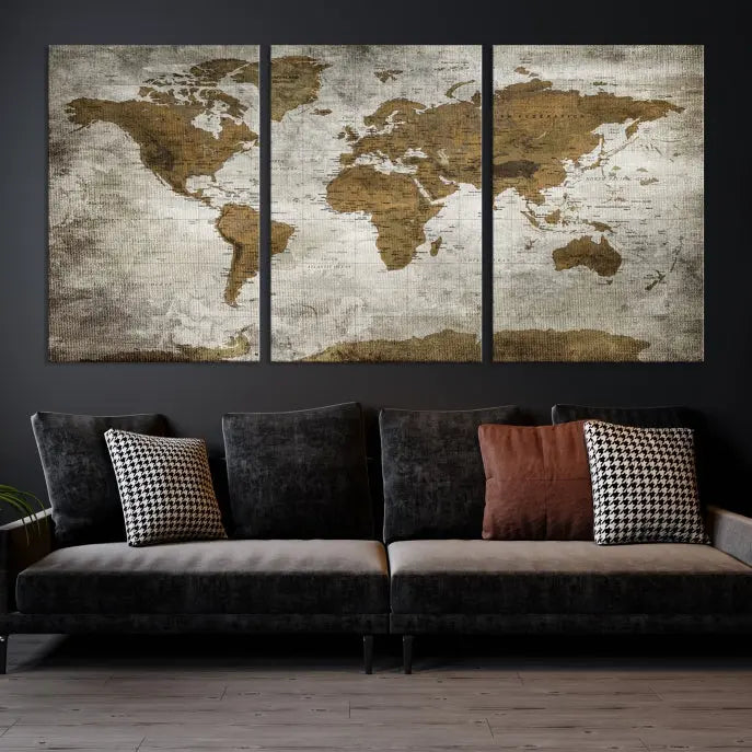 The elegant Old Style World Map Wall Art Canvas Print, presented as a stunning triptych, enhances the living room's ambiance. Crafted on museum-quality canvas and protected by a UV coating, it's ready to hang and stands as a captivating piece in the room.