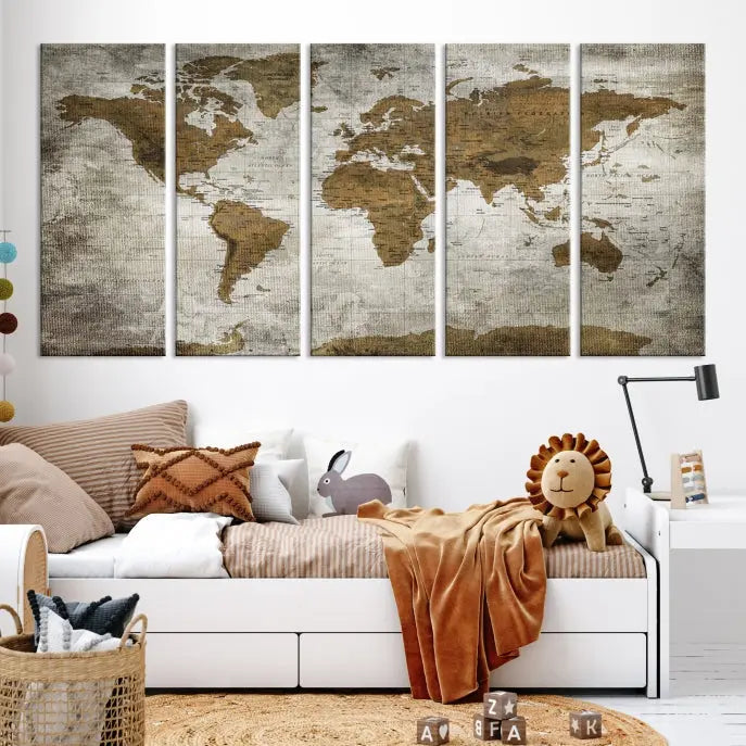 The elegant Old Style World Map Wall Art Canvas Print, presented as a stunning triptych, enhances the living room's ambiance. Crafted on museum-quality canvas and protected by a UV coating, it's ready to hang and stands as a captivating piece in the room.