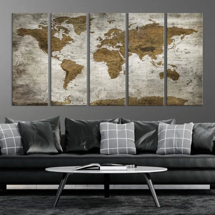 The elegant Old Style World Map Wall Art Canvas Print, presented as a stunning triptych, enhances the living room's ambiance. Crafted on museum-quality canvas and protected by a UV coating, it's ready to hang and stands as a captivating piece in the room.