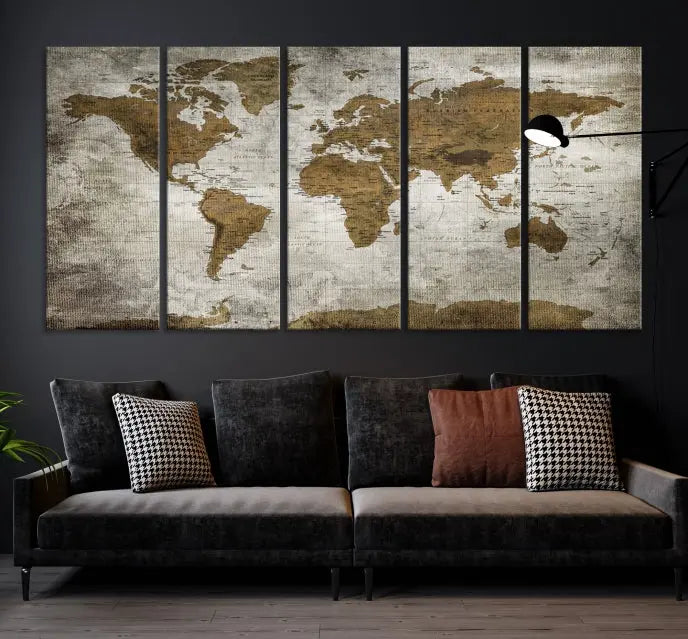 The elegant Old Style World Map Wall Art Canvas Print, presented as a stunning triptych, enhances the living room's ambiance. Crafted on museum-quality canvas and protected by a UV coating, it's ready to hang and stands as a captivating piece in the room.