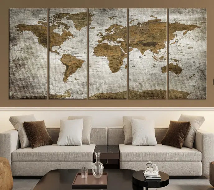 The elegant Old Style World Map Wall Art Canvas Print, presented as a stunning triptych, enhances the living room's ambiance. Crafted on museum-quality canvas and protected by a UV coating, it's ready to hang and stands as a captivating piece in the room.