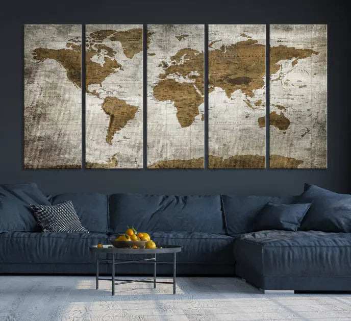 The elegant Old Style World Map Wall Art Canvas Print, presented as a stunning triptych, enhances the living room's ambiance. Crafted on museum-quality canvas and protected by a UV coating, it's ready to hang and stands as a captivating piece in the room.