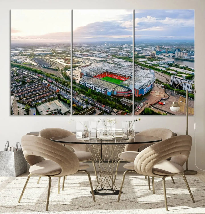 The "Old Trafford Manchester United Stadium Wall Art Canvas Print" adorns the room, showcasing an aerial view of Old Trafford at sunset. This three-panel wall art is perfect for any devoted Manchester United football fan.