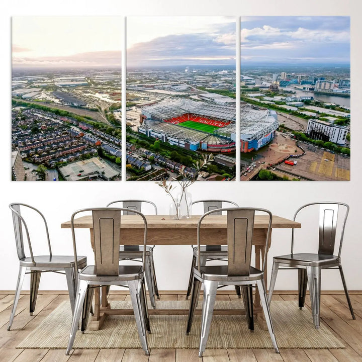 The "Old Trafford Manchester United Stadium Wall Art Canvas Print" adorns the room, showcasing an aerial view of Old Trafford at sunset. This three-panel wall art is perfect for any devoted Manchester United football fan.