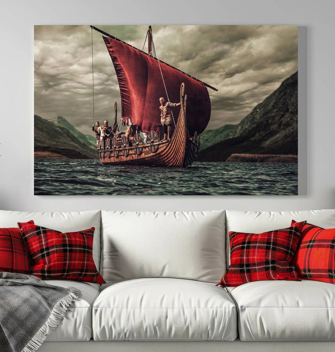 The Old Viking Ship Wall Art Canvas Print adds a striking presence to a modern living room. This artwork is crafted on museum-quality canvas with a UV-protective coating, ensuring long-lasting beauty and offering free shipping for your convenience.