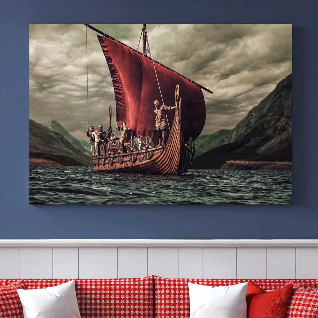 The Old Viking Ship Wall Art Canvas Print adds a striking presence to a modern living room. This artwork is crafted on museum-quality canvas with a UV-protective coating, ensuring long-lasting beauty and offering free shipping for your convenience.