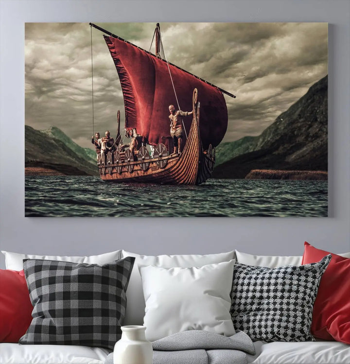 The Old Viking Ship Wall Art Canvas Print adds a striking presence to a modern living room. This artwork is crafted on museum-quality canvas with a UV-protective coating, ensuring long-lasting beauty and offering free shipping for your convenience.