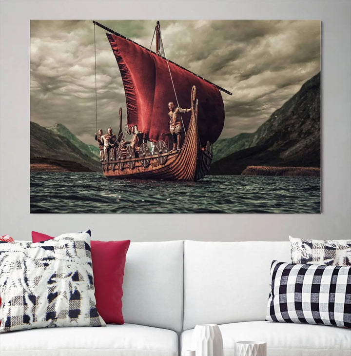 The Old Viking Ship Wall Art Canvas Print adds a striking presence to a modern living room. This artwork is crafted on museum-quality canvas with a UV-protective coating, ensuring long-lasting beauty and offering free shipping for your convenience.