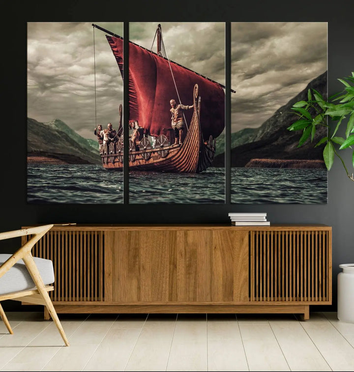 The Old Viking Ship Wall Art Canvas Print adds a striking presence to a modern living room. This artwork is crafted on museum-quality canvas with a UV-protective coating, ensuring long-lasting beauty and offering free shipping for your convenience.