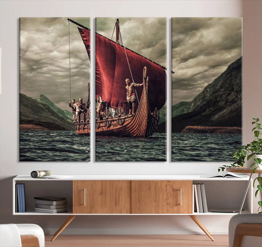 The Old Viking Ship Wall Art Canvas Print adds a striking presence to a modern living room. This artwork is crafted on museum-quality canvas with a UV-protective coating, ensuring long-lasting beauty and offering free shipping for your convenience.