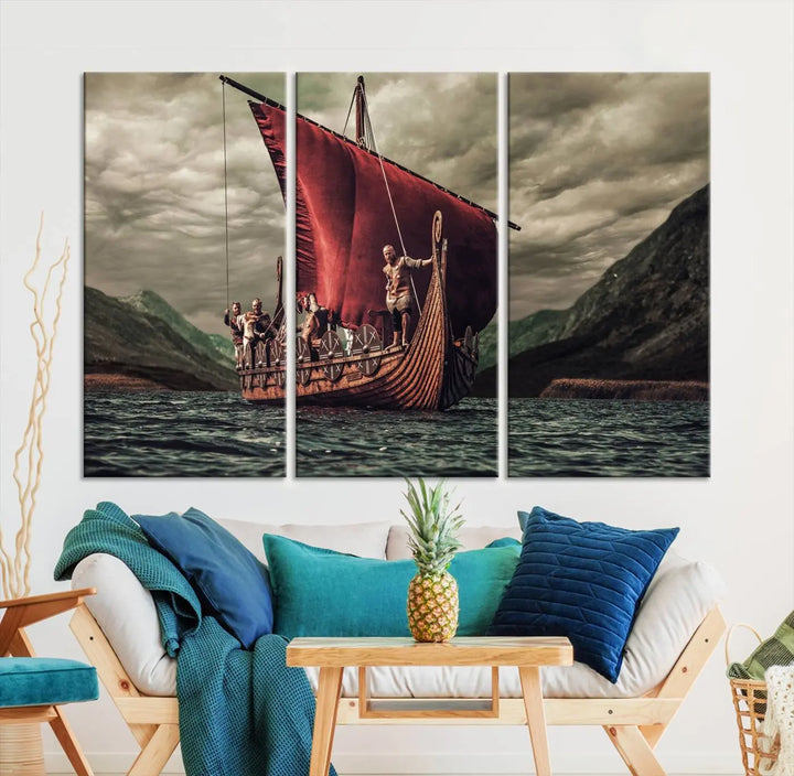 The Old Viking Ship Wall Art Canvas Print adds a striking presence to a modern living room. This artwork is crafted on museum-quality canvas with a UV-protective coating, ensuring long-lasting beauty and offering free shipping for your convenience.