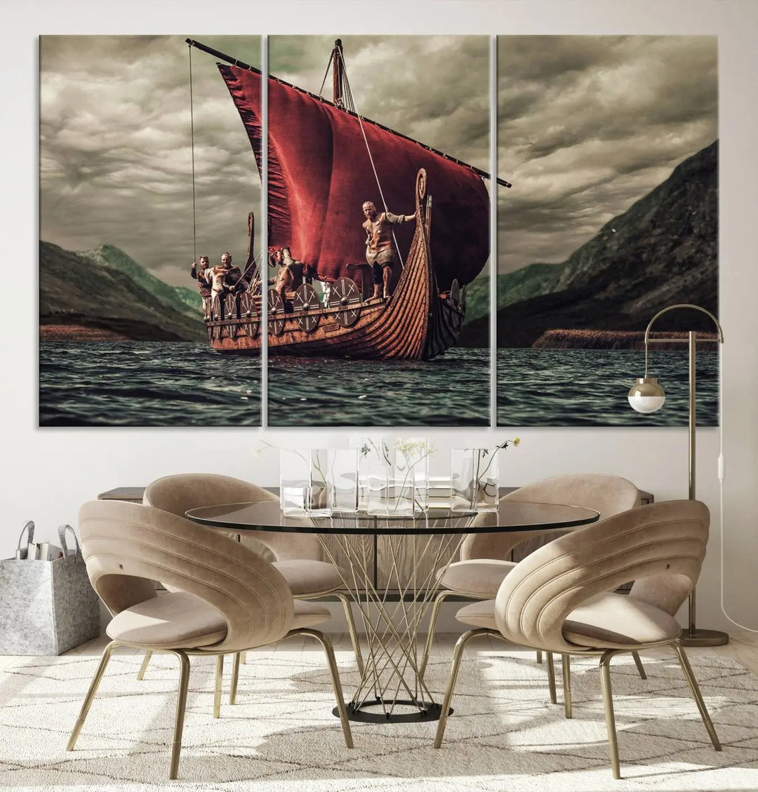 The Old Viking Ship Wall Art Canvas Print adds a striking presence to a modern living room. This artwork is crafted on museum-quality canvas with a UV-protective coating, ensuring long-lasting beauty and offering free shipping for your convenience.