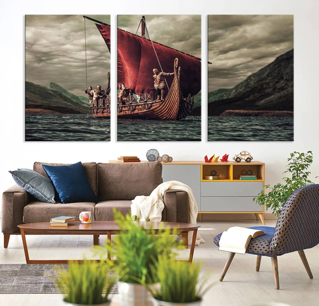 The Old Viking Ship Wall Art Canvas Print adds a striking presence to a modern living room. This artwork is crafted on museum-quality canvas with a UV-protective coating, ensuring long-lasting beauty and offering free shipping for your convenience.