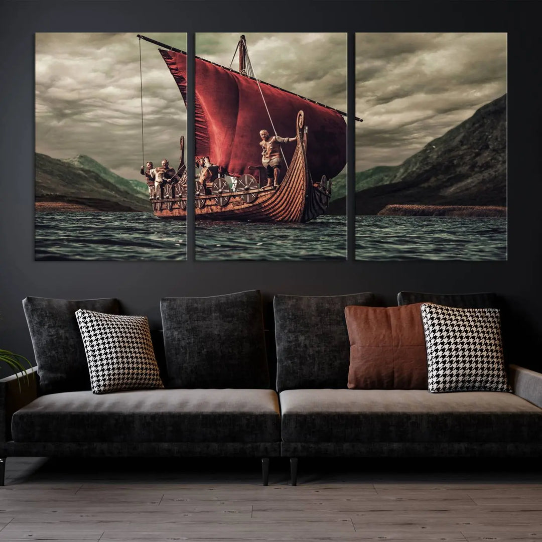 The Old Viking Ship Wall Art Canvas Print adds a striking presence to a modern living room. This artwork is crafted on museum-quality canvas with a UV-protective coating, ensuring long-lasting beauty and offering free shipping for your convenience.