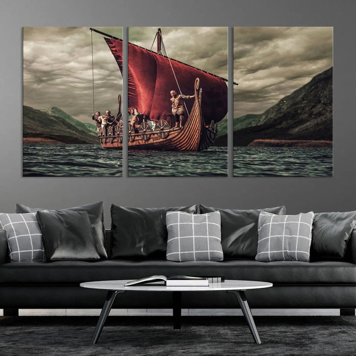 The Old Viking Ship Wall Art Canvas Print adds a striking presence to a modern living room. This artwork is crafted on museum-quality canvas with a UV-protective coating, ensuring long-lasting beauty and offering free shipping for your convenience.