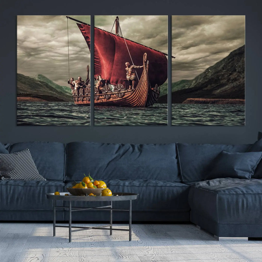 The Old Viking Ship Wall Art Canvas Print adds a striking presence to a modern living room. This artwork is crafted on museum-quality canvas with a UV-protective coating, ensuring long-lasting beauty and offering free shipping for your convenience.