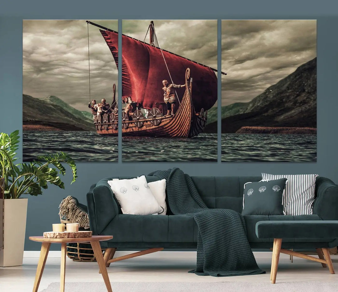 The Old Viking Ship Wall Art Canvas Print adds a striking presence to a modern living room. This artwork is crafted on museum-quality canvas with a UV-protective coating, ensuring long-lasting beauty and offering free shipping for your convenience.