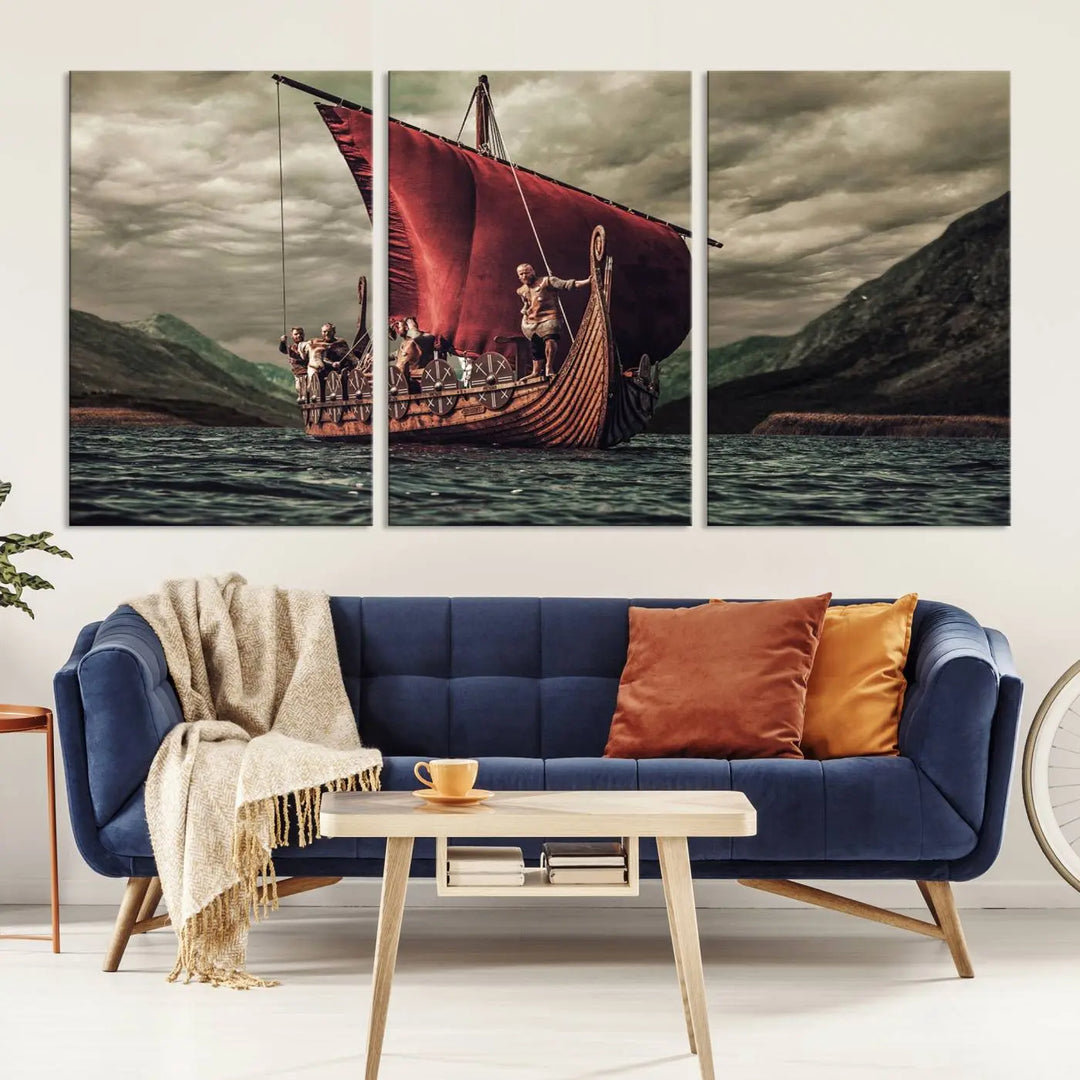 The Old Viking Ship Wall Art Canvas Print adds a striking presence to a modern living room. This artwork is crafted on museum-quality canvas with a UV-protective coating, ensuring long-lasting beauty and offering free shipping for your convenience.