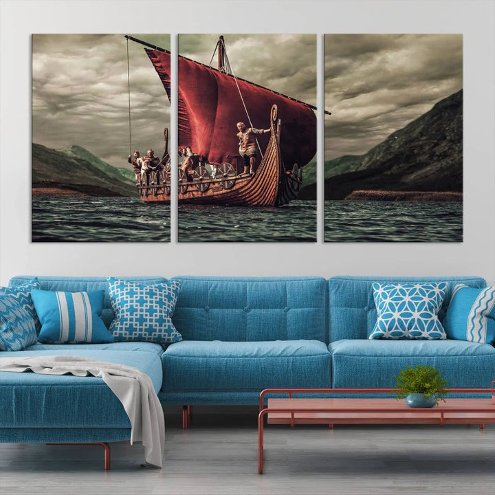 The Old Viking Ship Wall Art Canvas Print adds a striking presence to a modern living room. This artwork is crafted on museum-quality canvas with a UV-protective coating, ensuring long-lasting beauty and offering free shipping for your convenience.