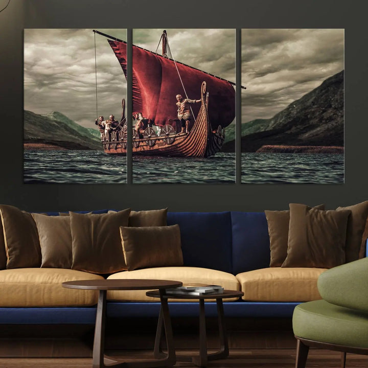 The Old Viking Ship Wall Art Canvas Print adds a striking presence to a modern living room. This artwork is crafted on museum-quality canvas with a UV-protective coating, ensuring long-lasting beauty and offering free shipping for your convenience.