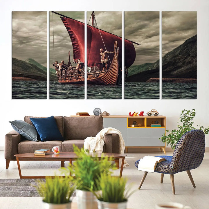 The Old Viking Ship Wall Art Canvas Print adds a striking presence to a modern living room. This artwork is crafted on museum-quality canvas with a UV-protective coating, ensuring long-lasting beauty and offering free shipping for your convenience.