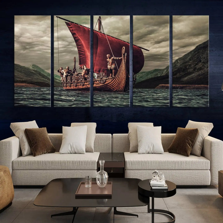 The Old Viking Ship Wall Art Canvas Print adds a striking presence to a modern living room. This artwork is crafted on museum-quality canvas with a UV-protective coating, ensuring long-lasting beauty and offering free shipping for your convenience.