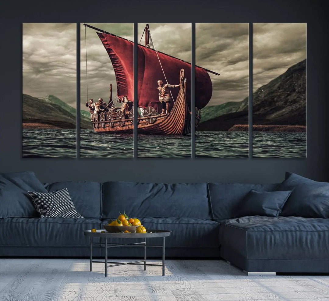 The Old Viking Ship Wall Art Canvas Print adds a striking presence to a modern living room. This artwork is crafted on museum-quality canvas with a UV-protective coating, ensuring long-lasting beauty and offering free shipping for your convenience.