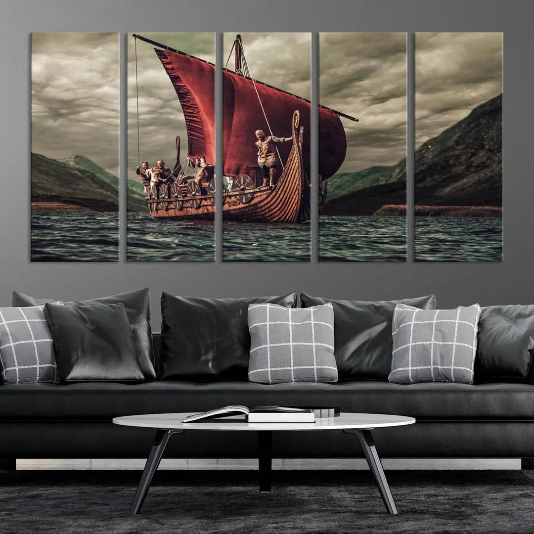 The Old Viking Ship Wall Art Canvas Print adds a striking presence to a modern living room. This artwork is crafted on museum-quality canvas with a UV-protective coating, ensuring long-lasting beauty and offering free shipping for your convenience.