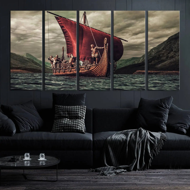 The Old Viking Ship Wall Art Canvas Print adds a striking presence to a modern living room. This artwork is crafted on museum-quality canvas with a UV-protective coating, ensuring long-lasting beauty and offering free shipping for your convenience.