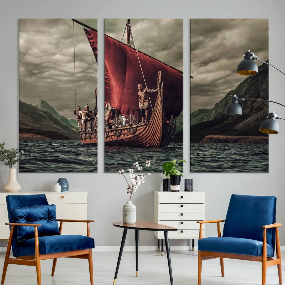 The living room features the "Old Vikings Ship Canvas Art Print Nautical Art Sailing Art Ship Wall Art," a magnificent triptych depicting a Viking ship on stormy seas, printed on museum-quality canvas. This ready-to-hang artwork enhances sophistication and longevity with its UV-protective coating.