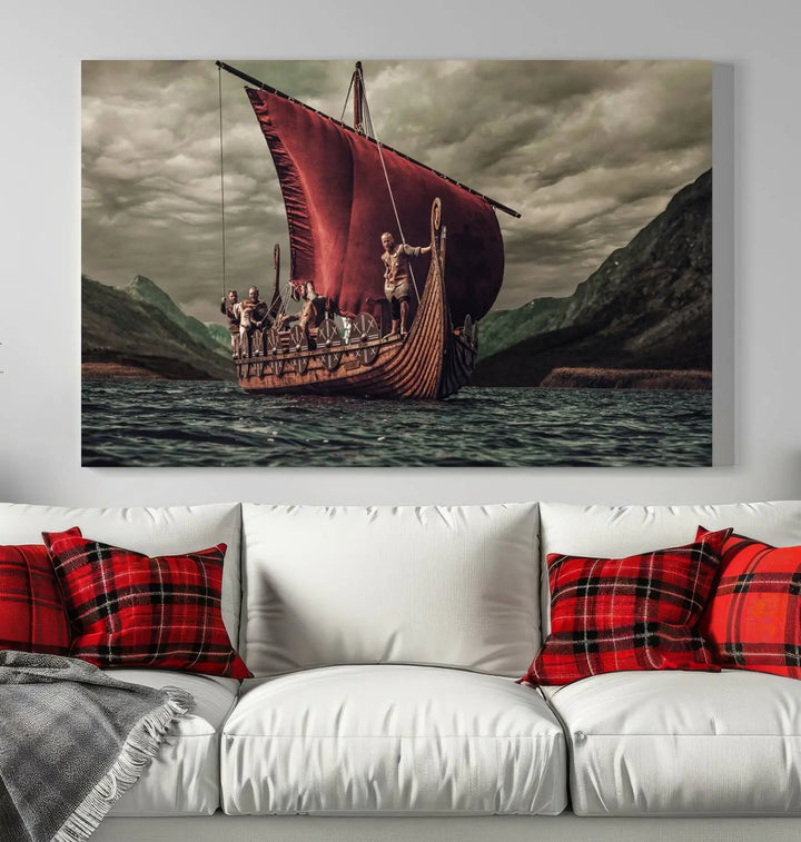 The living room features the "Old Vikings Ship Canvas Art Print Nautical Art Sailing Art Ship Wall Art," a magnificent triptych depicting a Viking ship on stormy seas, printed on museum-quality canvas. This ready-to-hang artwork enhances sophistication and longevity with its UV-protective coating.