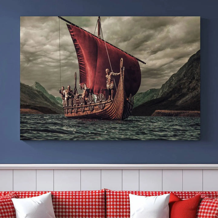 The living room features the "Old Vikings Ship Canvas Art Print Nautical Art Sailing Art Ship Wall Art," a magnificent triptych depicting a Viking ship on stormy seas, printed on museum-quality canvas. This ready-to-hang artwork enhances sophistication and longevity with its UV-protective coating.