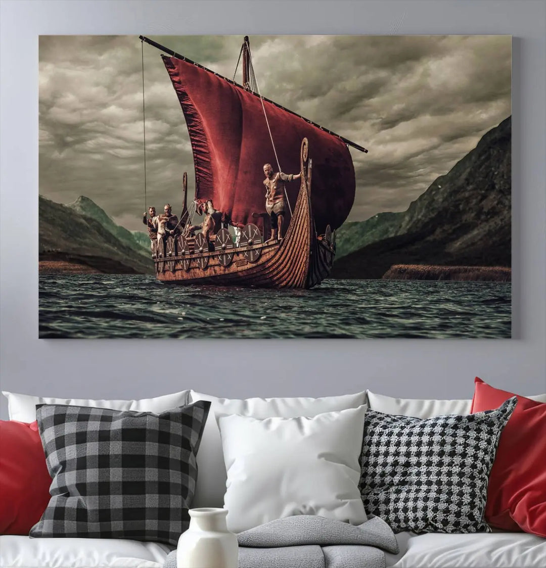 The living room features the "Old Vikings Ship Canvas Art Print Nautical Art Sailing Art Ship Wall Art," a magnificent triptych depicting a Viking ship on stormy seas, printed on museum-quality canvas. This ready-to-hang artwork enhances sophistication and longevity with its UV-protective coating.