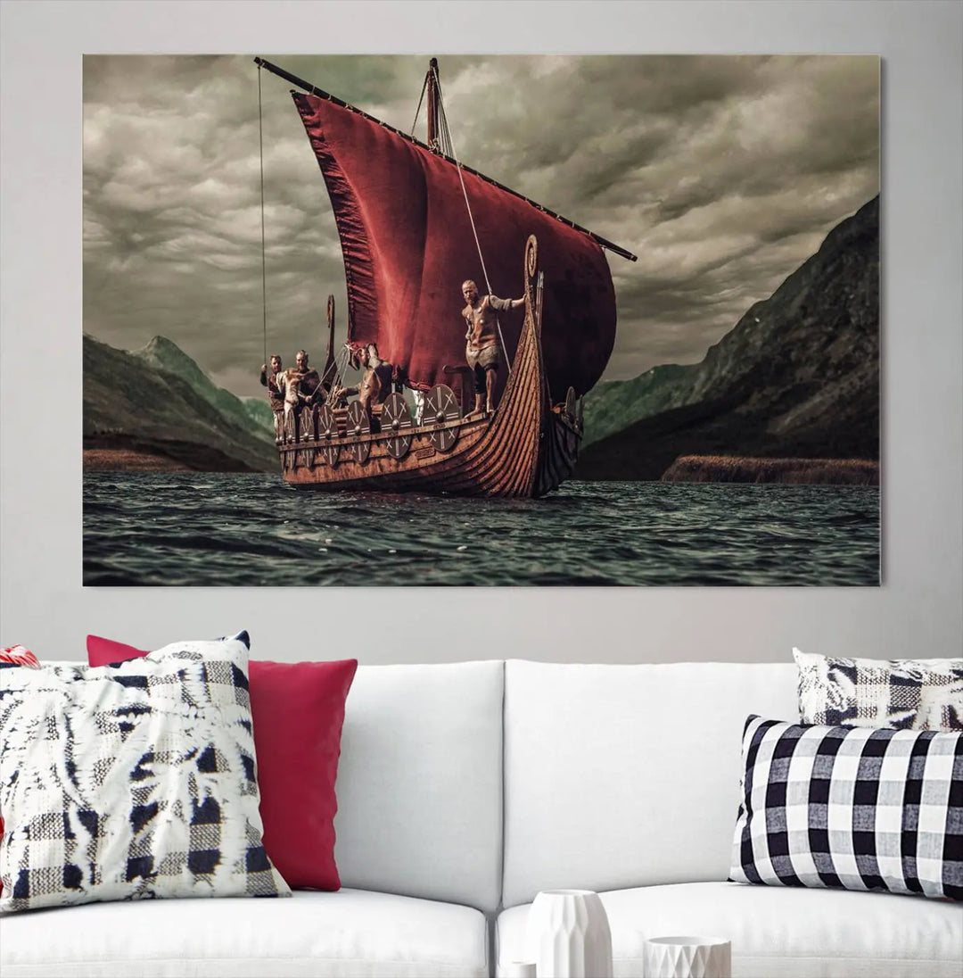 The living room features the "Old Vikings Ship Canvas Art Print Nautical Art Sailing Art Ship Wall Art," a magnificent triptych depicting a Viking ship on stormy seas, printed on museum-quality canvas. This ready-to-hang artwork enhances sophistication and longevity with its UV-protective coating.