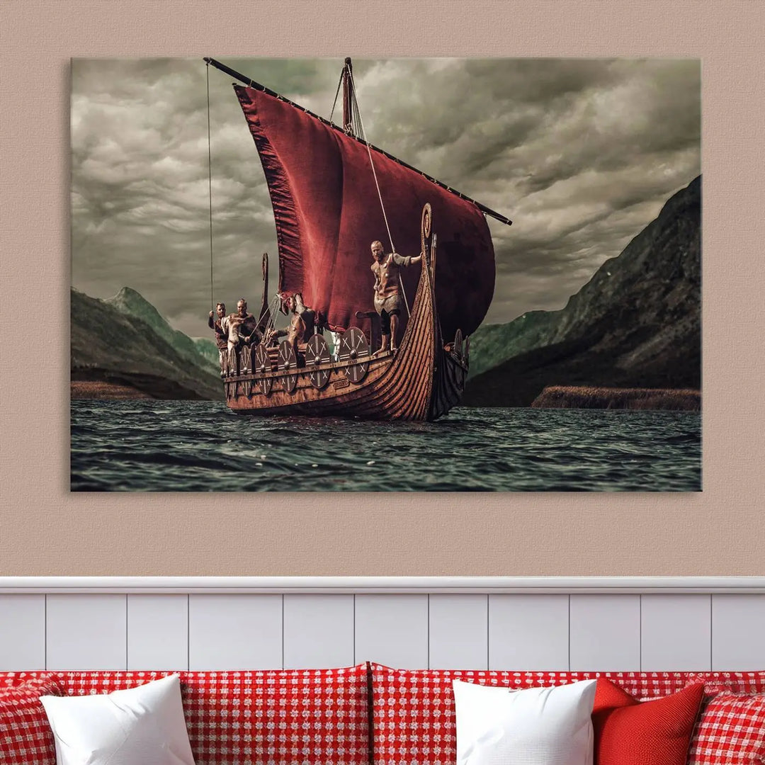 The living room features the "Old Vikings Ship Canvas Art Print Nautical Art Sailing Art Ship Wall Art," a magnificent triptych depicting a Viking ship on stormy seas, printed on museum-quality canvas. This ready-to-hang artwork enhances sophistication and longevity with its UV-protective coating.