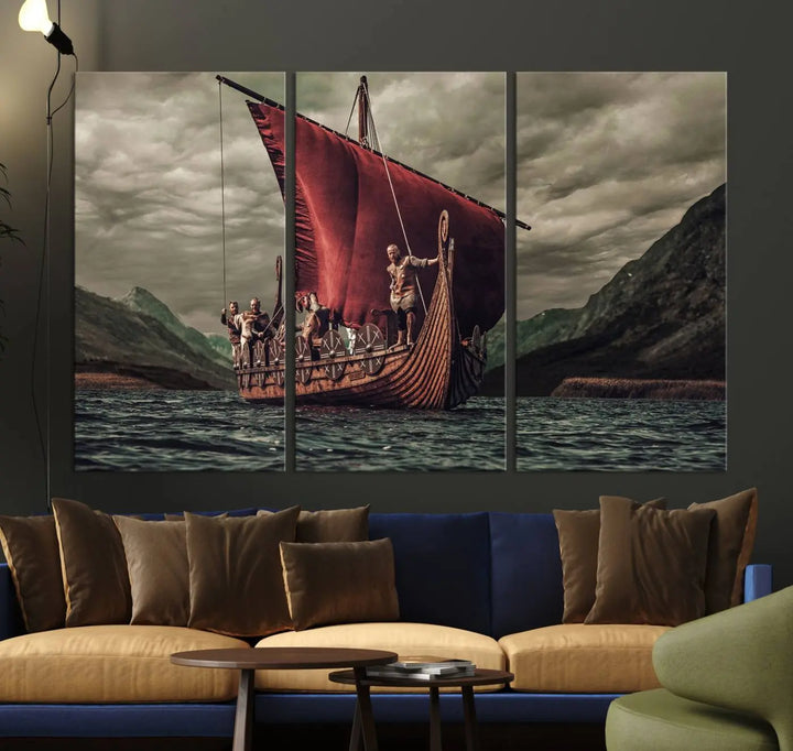 The living room features the "Old Vikings Ship Canvas Art Print Nautical Art Sailing Art Ship Wall Art," a magnificent triptych depicting a Viking ship on stormy seas, printed on museum-quality canvas. This ready-to-hang artwork enhances sophistication and longevity with its UV-protective coating.