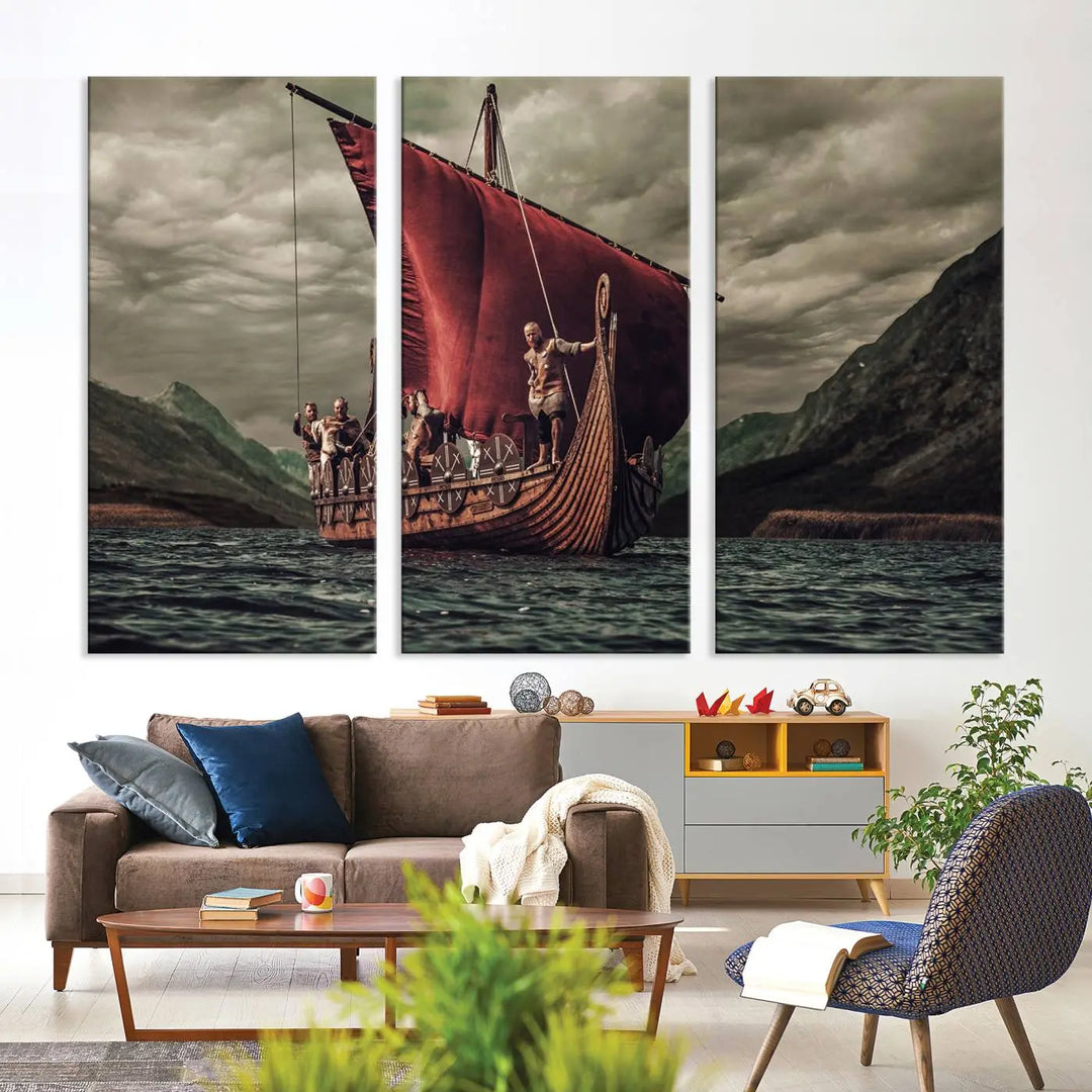 The living room features the "Old Vikings Ship Canvas Art Print Nautical Art Sailing Art Ship Wall Art," a magnificent triptych depicting a Viking ship on stormy seas, printed on museum-quality canvas. This ready-to-hang artwork enhances sophistication and longevity with its UV-protective coating.