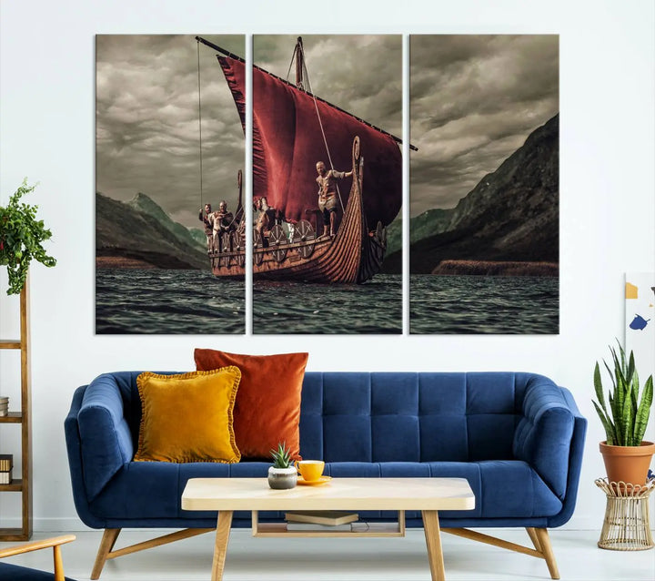 The living room features the "Old Vikings Ship Canvas Art Print Nautical Art Sailing Art Ship Wall Art," a magnificent triptych depicting a Viking ship on stormy seas, printed on museum-quality canvas. This ready-to-hang artwork enhances sophistication and longevity with its UV-protective coating.