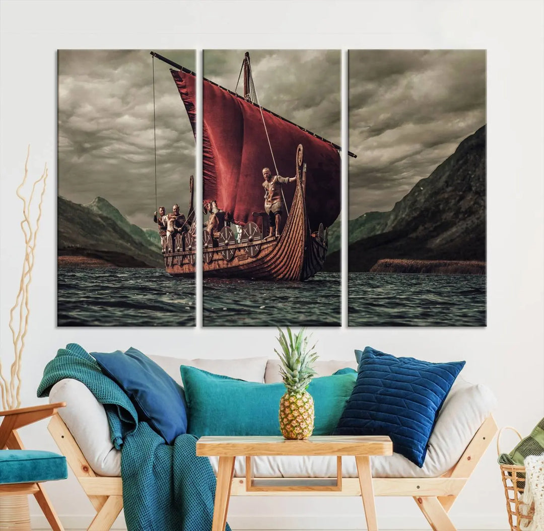 The living room features the "Old Vikings Ship Canvas Art Print Nautical Art Sailing Art Ship Wall Art," a magnificent triptych depicting a Viking ship on stormy seas, printed on museum-quality canvas. This ready-to-hang artwork enhances sophistication and longevity with its UV-protective coating.