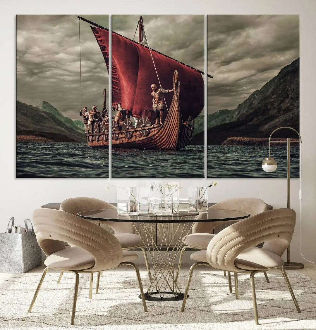 The living room features the "Old Vikings Ship Canvas Art Print Nautical Art Sailing Art Ship Wall Art," a magnificent triptych depicting a Viking ship on stormy seas, printed on museum-quality canvas. This ready-to-hang artwork enhances sophistication and longevity with its UV-protective coating.