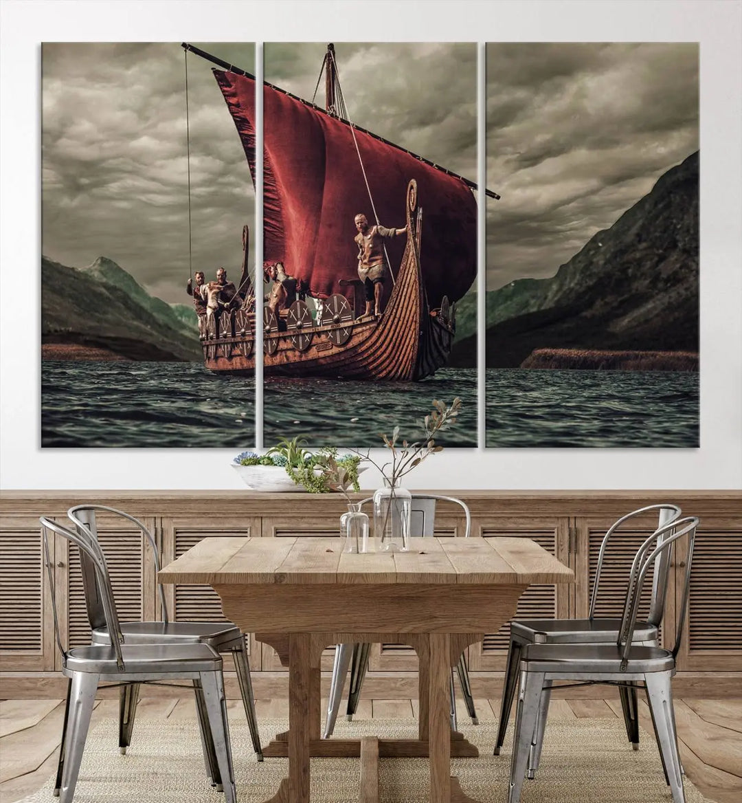 The living room features the "Old Vikings Ship Canvas Art Print Nautical Art Sailing Art Ship Wall Art," a magnificent triptych depicting a Viking ship on stormy seas, printed on museum-quality canvas. This ready-to-hang artwork enhances sophistication and longevity with its UV-protective coating.